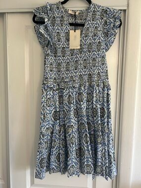 Elan Blue and White Smocked Flutter-Sleeve Casual Dress